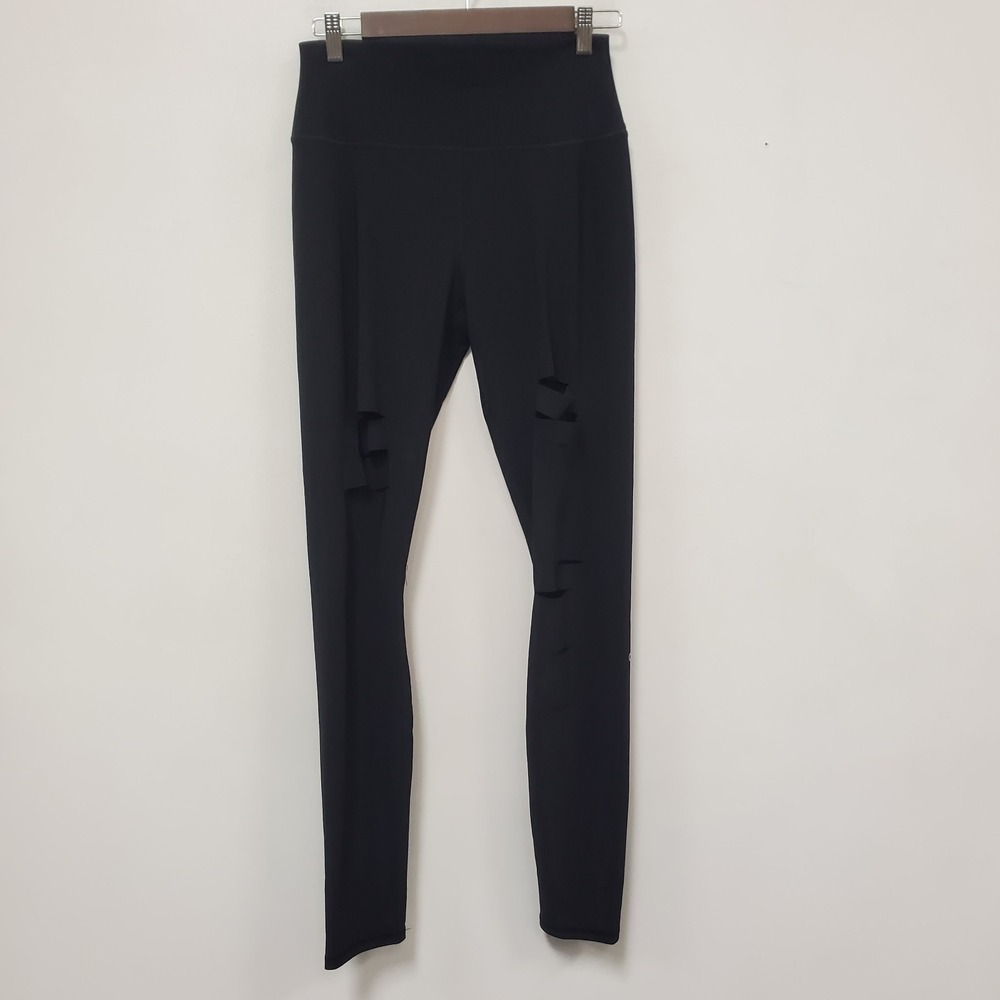 Alo Womens Cutout Distressed Full Length Leggings Size L Black Activewear